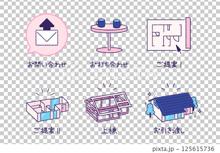 房屋規劃階段圖示集（詢問、會議、平面圖、 3D 模型、施工、交接） 125615736