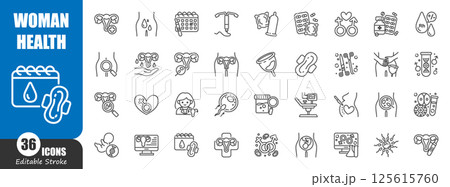 Woman health and female reproductive system . Medical outline icon . Editable stroke . Vector . 125615760