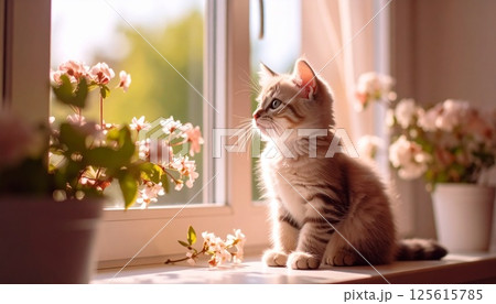 日当たりのよい窓辺に座って外を眺める子猫4 125615785