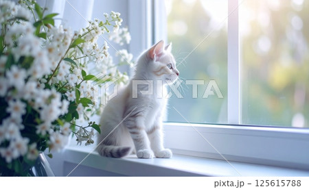 日当たりのよい窓辺に座って外を眺める子猫1 日当たりのよい窓辺に座って外を眺める子猫1 125615788