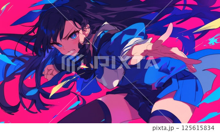 躍動感あふれる白髪の美少女キャラクター・アニメスタイルの