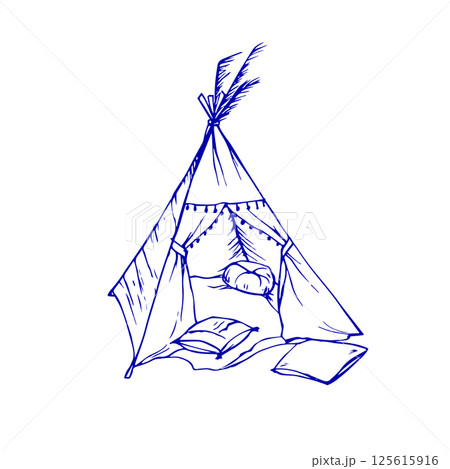 Beach tent vector hand drawn sketch. Mediterranean vacation on the coast Beach tent vector hand drawn sketch. Mediterranean vacation on the coast 125615916