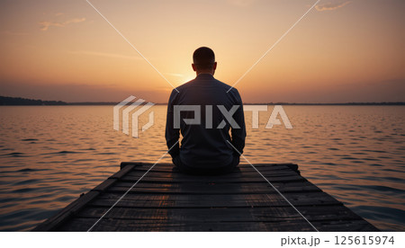 Alone on wooden dock man sits with his back to camera enjoying peaceful view of calm lake at sunset with warm light reflecting on water 125615974
