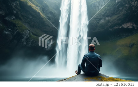 Alone man sits on mossy rock with back view facing powerful waterfall in serene nature landscape, feeling peaceful and contemplative in misty atmosphere 125616013