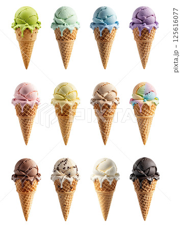 Delight in colorful array of ice cream cones featuring various flavors set against transparent background, perfect for evoking joy and indulgence. Delight in colorful array of ice cream cones featuring various flavors set against transparent background, perfect for evoking joy and indulgence. 125616077