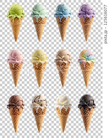 Delight in colorful array of ice cream cones featuring various flavors set against transparent background, perfect for evoking joy and indulgence. Delight in colorful array of ice cream cones featuring various flavors set against transparent background, perfect for evoking joy and indulgence. 125616077
