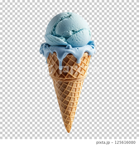 Delicious blue ice cream sits atop crispy waffle cone, with smooth texture and delightful melting effect. This treat evokes joy and refreshment on warm day. 125616080