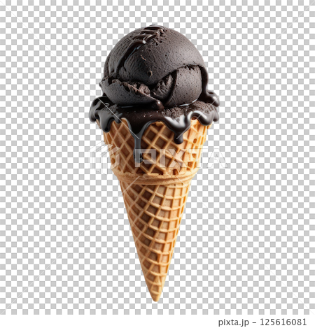 Delicious black charcoal ice cream in crispy waffle cone, topped with rich chocolate sauce, evokes sense of indulgence and joy. Perfect for sweet treat on warm day. Delicious black charcoal ice cream in crispy waffle cone, topped with rich chocolate sauce, evokes sense of indulgence and joy. Perfect for sweet treat on warm day. 125616081
