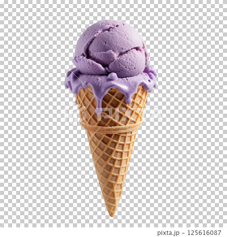 Creamy purple ice cream in waffle cone, melting slightly, evokes sense of indulgence and sweetness. Perfect for hot day or special treat. 125616087