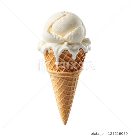 Creamy milk ice cream in crispy waffle cone, dripping slightly, evokes sense of indulgence and sweetness. Perfect for warm days and delightful treats. Creamy milk ice cream in crispy waffle cone, dripping slightly, evokes sense of indulgence and sweetness. Perfect for warm days and delightful treats. 125616089