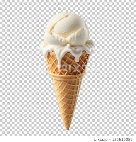 Creamy milk ice cream in crispy waffle cone, dripping slightly, evokes sense of indulgence and sweetness. Perfect for warm days and delightful treats. Creamy milk ice cream in crispy waffle cone, dripping slightly, evokes sense of indulgence and sweetness. Perfect for warm days and delightful treats. 125616089