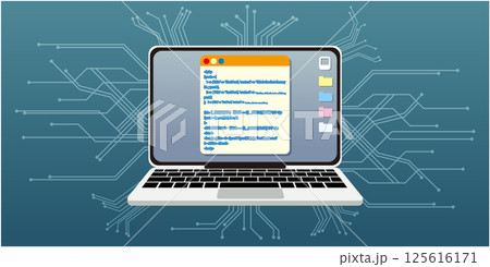 プログラミング作業をしているノートパソコン プログラミング作業をしているノートパソコン 125616171