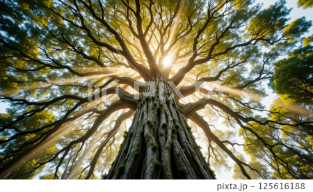 majestic tree with sprawling branches and lush green foliage is captured from low angle perspective, with sunlight streaming through leaves, creating radiant and serene atmosphere. 125616188