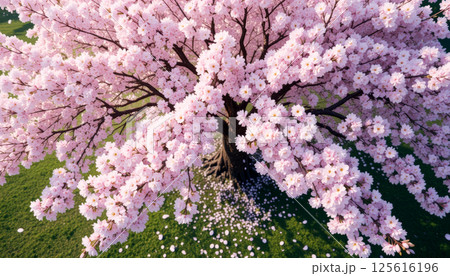 Aerial view of blooming cherry blossom tree with pink flowers, lush green grass, scattered petals, vibrant springtime scene evokes freshness and tranquility. 125616196