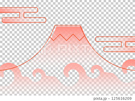 Red Japanese style simple Mt. Fuji with clouds and waves 125616209