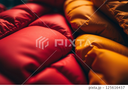 Red and orange winter jackets 125616437