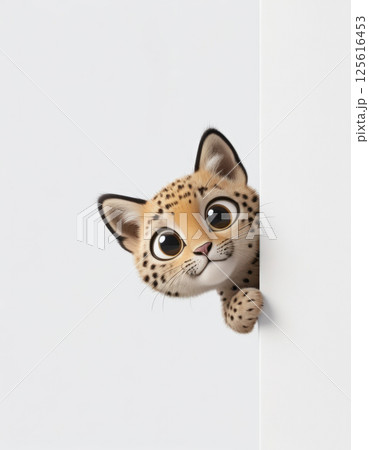 cute cartoon leopard cub with large expressive eyes peeks playfully from behind white wall, creating cheerful and whimsical atmosphere. 125616453