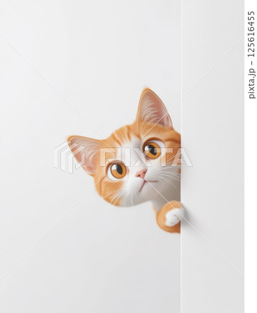 curious orange and white cat with large expressive eyes peeks playfully from behind white wall, creating sense of innocence and charm. 125616455