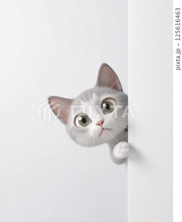 curious and adorable white and gray cartoon cat peeks from behind white wall, showcasing large expressive eyes and playful demeanor. minimalist background enhances cat charm. 125616463
