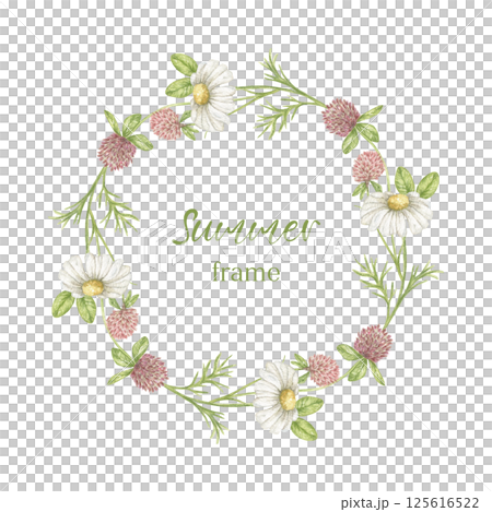 A round frame with meadow chamomile and clover flowers, a botanical wreath with delicate watercolor plants. Print for clothes, wedding invitations, postcards. A round frame with meadow chamomile and clover flowers, a botanical wreath with delicate watercolor plants. Print for clothes, wedding invitations, postcards. 125616522