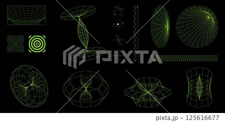 Glowing green wireframe mathematical structures, quantum waveforms, orbital patterns, and energy grids on dark background. Science 125616677