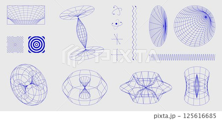 Blue wireframe geometric structures, atomic orbits, waveforms, and energy field diagrams arranged in a minimalist composition 125616685