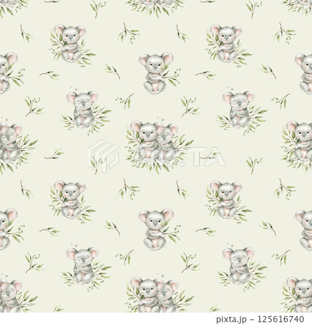 Seamless pattern with green eucalyptus leaves and cute koalas. Watercolor illustration isolated on background. Cartoon kids print with animals minimalist scandinavian style. For children design 125616740