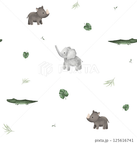 Seamless pattern with leaves monstera and african animals rhinoceros and elephant for children's design. Hand drawn illustration crocodile Cute Print for childish textile design or wallpaper Seamless pattern with leaves monstera and african animals rhinoceros and elephant for children's design. Hand drawn illustration crocodile Cute Print for childish textile design or wallpaper 125616741