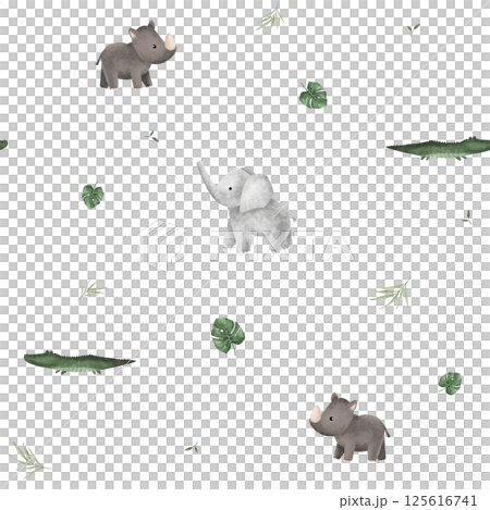 Seamless pattern with leaves monstera and african animals rhinoceros and elephant for children's design. Hand drawn illustration crocodile Cute Print for childish textile design or wallpaper Seamless pattern with leaves monstera and african animals rhinoceros and elephant for children's design. Hand drawn illustration crocodile Cute Print for childish textile design or wallpaper 125616741