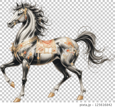 majestic Chinese style horse illustration with intricate golden details on transparent background, exuding elegance and grace. 125616842