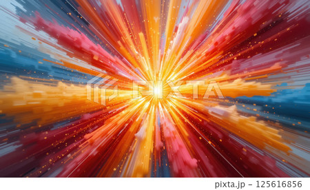vibrant 3D render of dynamic explosion with radiant colors like red, orange, and blue, creating energetic and dramatic effect. 125616856