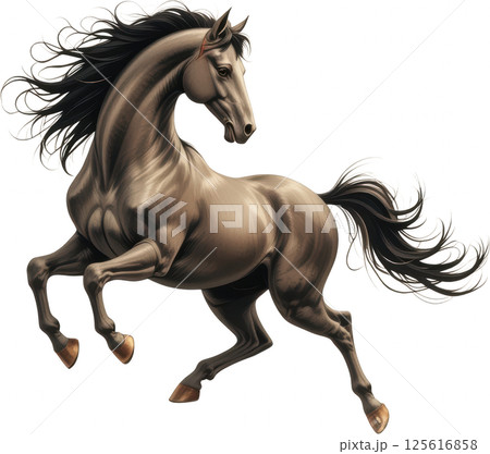 majestic horse illustration with flowing mane and tail, depicted on transparent background, showcasing dynamic movement. 125616858