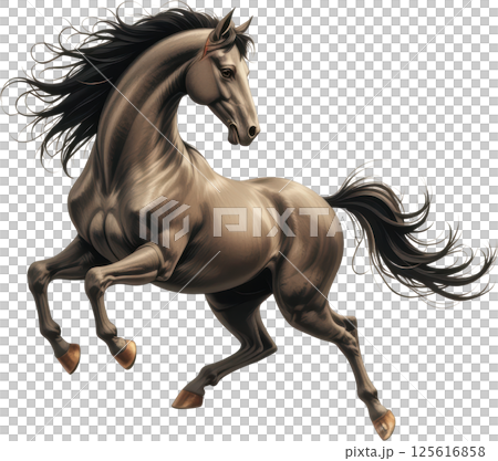 majestic horse illustration with flowing mane and tail, depicted on transparent background, showcasing dynamic movement. 125616858