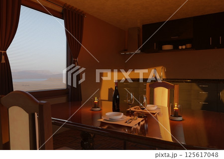 Glasses, candles on a wooden table in a cozy kitchen, filled with warm evening light Glasses, candles on a wooden table in a cozy kitchen, filled with warm evening light 125617048