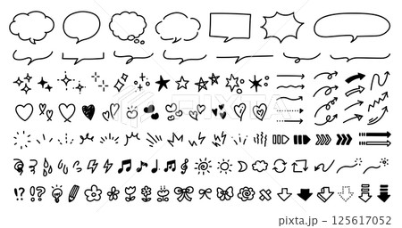 手描きの装飾セット。かわいい線画。ふきだし、矢印、星、ハートなど。ペンで描いた感情のアイコン。 手描きの装飾セット。かわいい線画。ふきだし、矢印、星、ハートなど。ペンで描いた感情のアイコン。 125617052