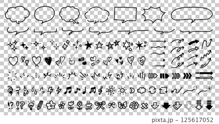 手描きの装飾セット。かわいい線画。ふきだし、矢印、星、ハートなど。ペンで描いた感情のアイコン。 手描きの装飾セット。かわいい線画。ふきだし、矢印、星、ハートなど。ペンで描いた感情のアイコン。 125617052