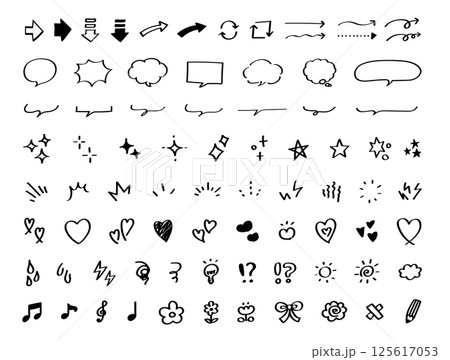 手描きの装飾セット。かわいい線画。ふきだし、矢印、星、ハートなど。ペンで描いた感情のアイコン。 125617053