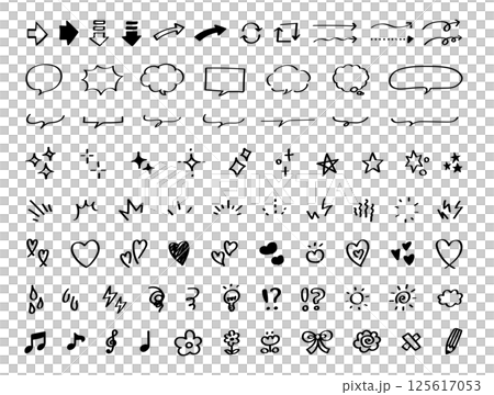 手描きの装飾セット。かわいい線画。ふきだし、矢印、星、ハートなど。ペンで描いた感情のアイコン。 125617053