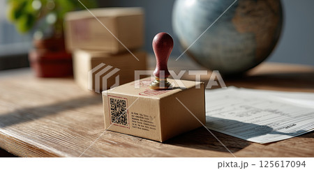Certificate of origin document with wax seal, cardboard box, and globe on wooden table 125617094