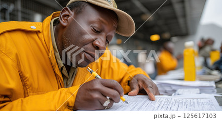 Customs officer checking certificate of origin document at border, focused and professional mood 125617103