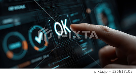 Hand touching OK digital screen, futuristic interface, technology, approval, confirmation 125617105
