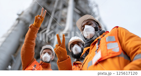 Factory worker orange uniform mask helmet celebrate outdoor teamwork success 125617120