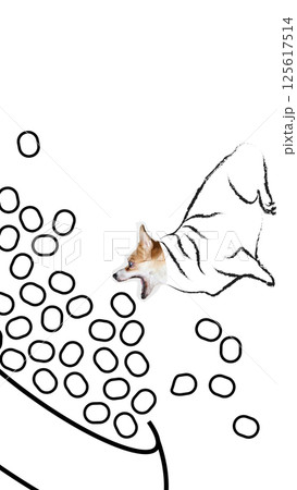 Conceptual art collage. Happy corgi dog dashing toward overflowing food bowl with exaggerated excitement and wide eyes. 125617514