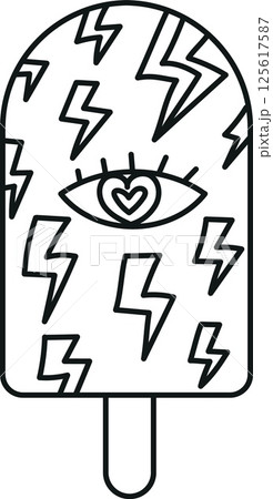 groovy ice cream, groovy boho popsicle in line style. Colorful ice pop with eye design and lightning motifs. 125617587