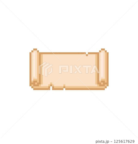 Pixel old scroll. 8-bit icon of empty torn papyrus with curled edges. 125617629
