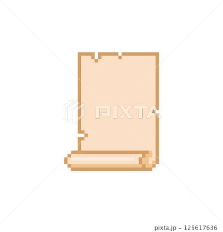 Ancient parchment roll, old beige paper blank scroll vector pixel art, antique papyrus document twisted bottom 125617636