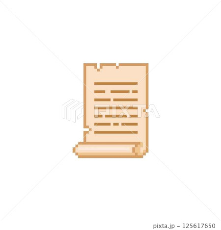 Pixel medieval scroll with text and curled edge. Vertically located torn papyrus. Pixel medieval scroll with text and curled edge. Vertically located torn papyrus. 125617650