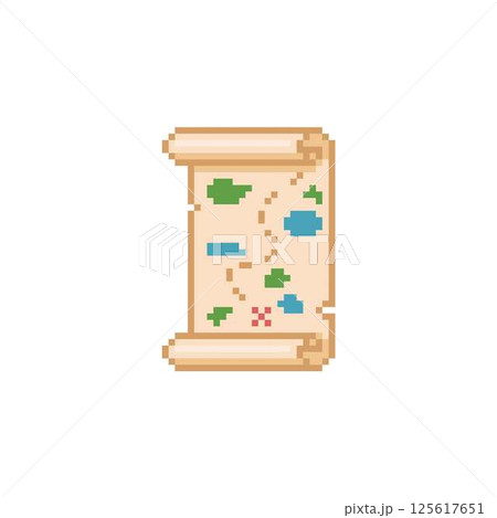 Ancient vertical parchment roll map, old paper scroll, vector pixel cartoon open game navigation and destination sheet Ancient vertical parchment roll map, old paper scroll, vector pixel cartoon open game navigation and destination sheet 125617651