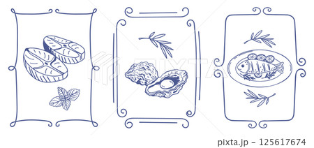 Set of hand drawn posters frames with simple mediterranean food. Fish seafood olives. Ink doodle sketch. Vintage illustrations for cafe or restaurant menu. Set of hand drawn posters frames with simple mediterranean food. Fish seafood olives. Ink doodle sketch. Vintage illustrations for cafe or restaurant menu. 125617674