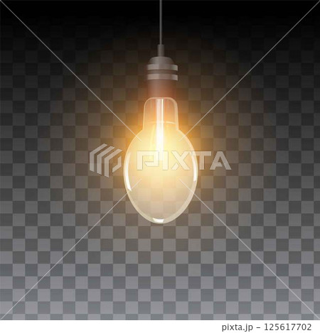 Light bulb warm light glowing, ceiling lamp switch on, vector realistic hanging illumination round shape overlay effect Light bulb warm light glowing, ceiling lamp switch on, vector realistic hanging illumination round shape overlay effect 125617702